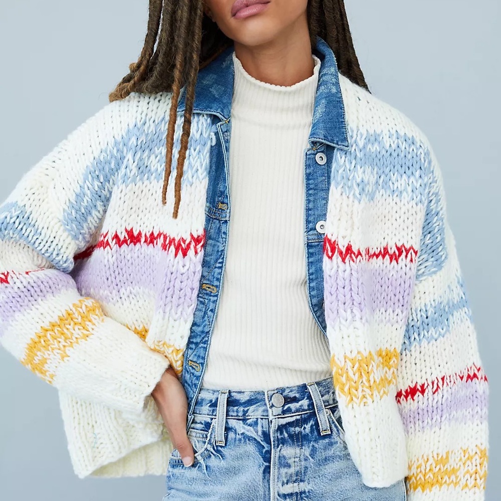 Anthropologie Maeve Grazia Cardigan Sweater Knit Crochet Free People Stripe